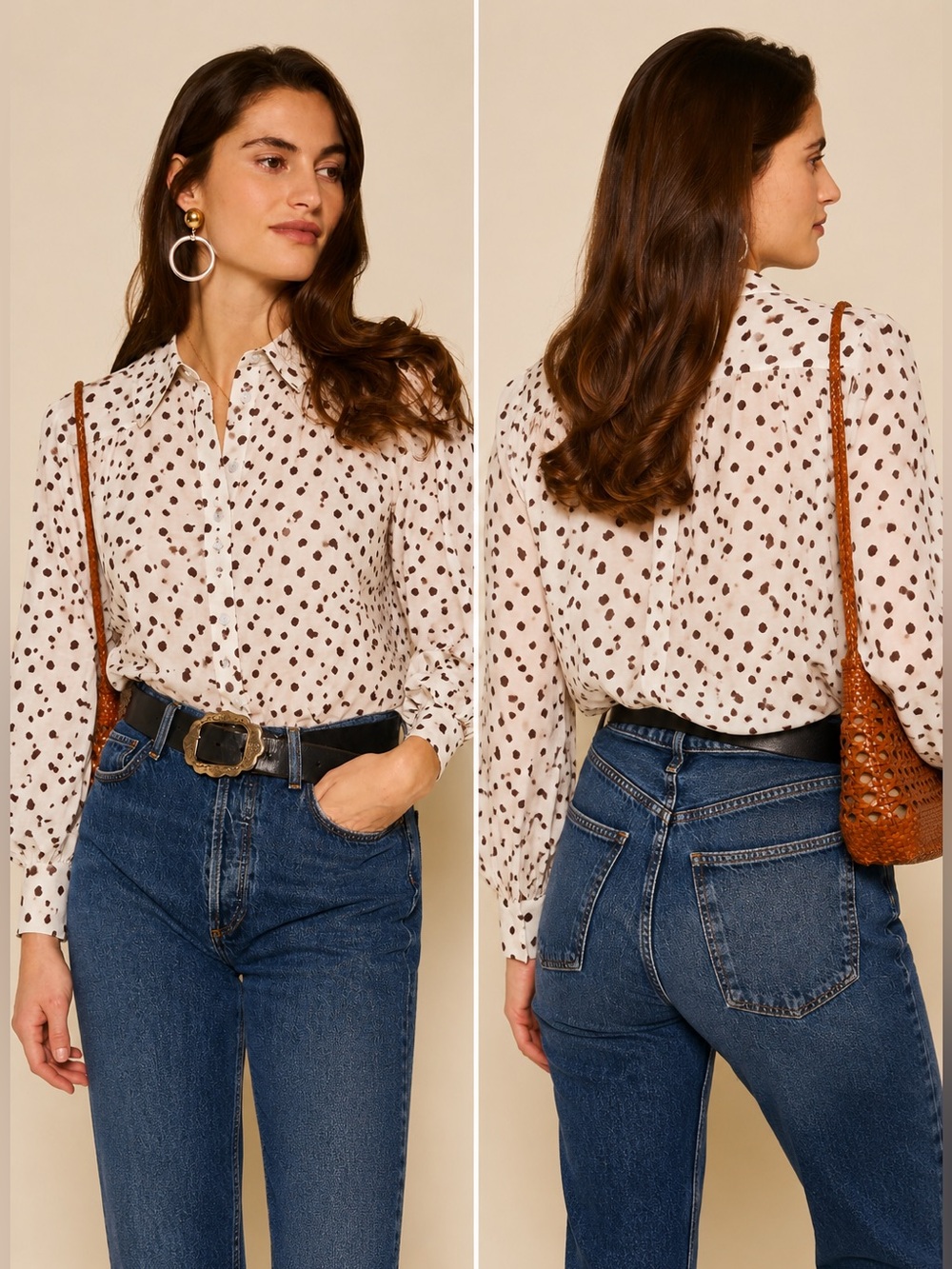 Nordstrom Lands End White Brown Polka Dot Longsleeve Poplin Button Down Shirt XL